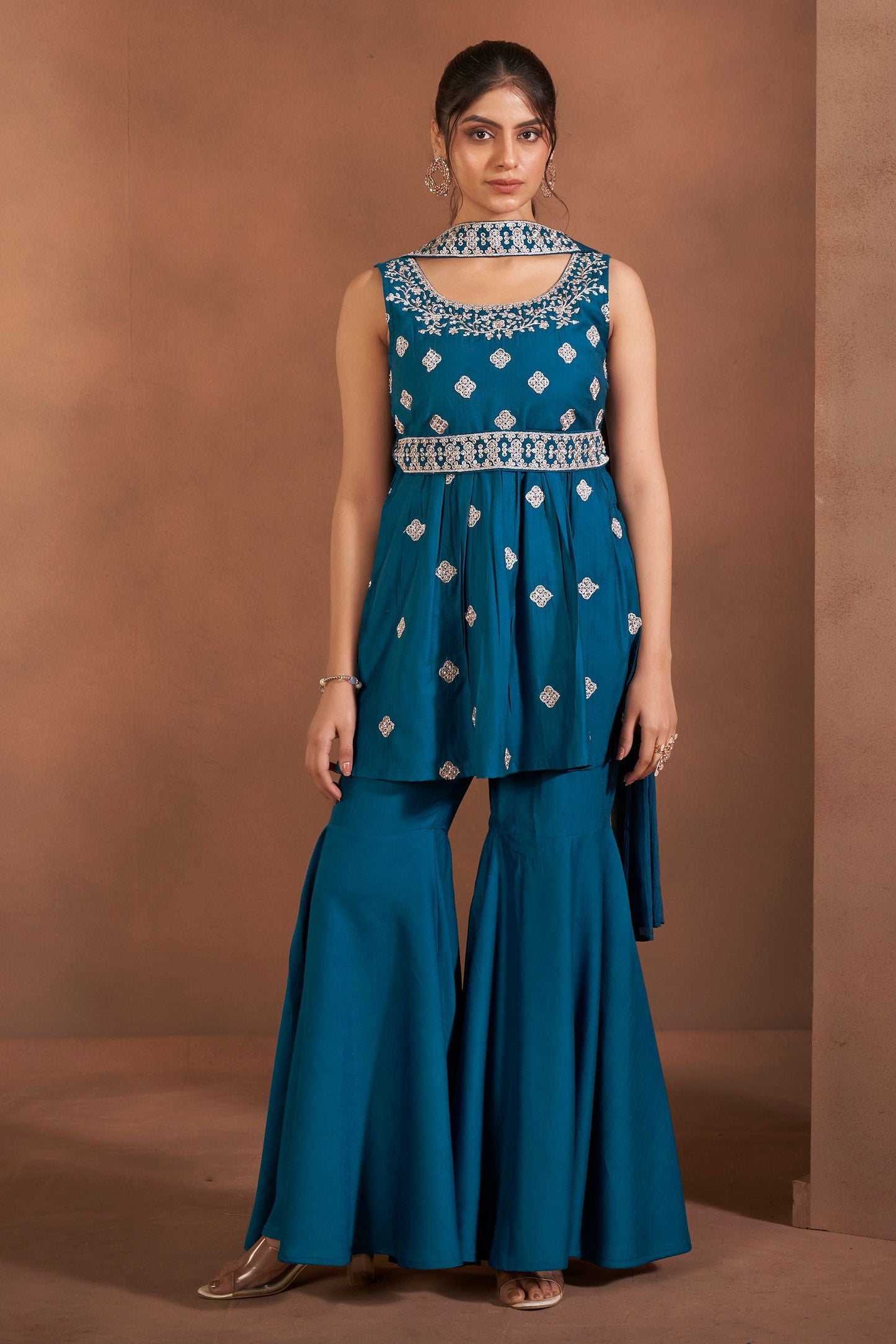 Dhiyona AN Floral Embroidered Thread Work Raw Silk Kurta With Sharara And Dupatta