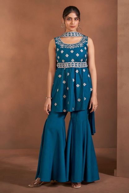 Dhiyona AN Floral Embroidered Thread Work Raw Silk Kurta With Sharara And Dupatta