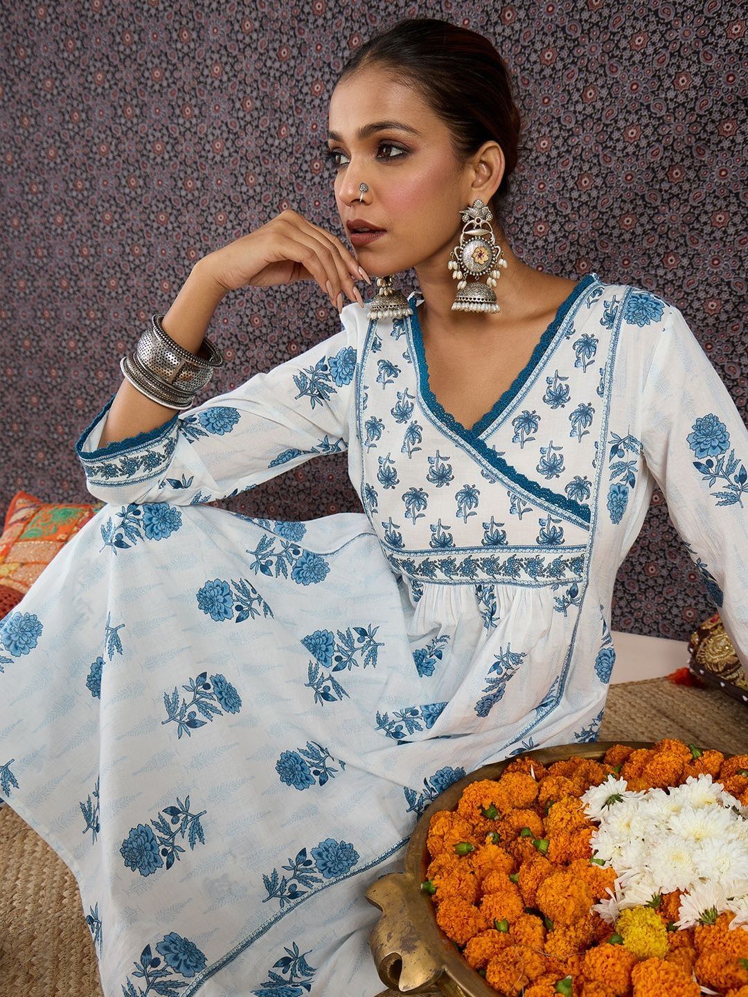 Dhiyona IE Printed V-Neck Three-Quarter Sleeves Pure Cotton Tunic And Trousers