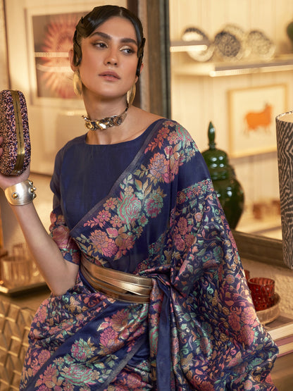 Women's Silk Blend Navy Blue Woven Design Handloom Saree With Blouse Piece