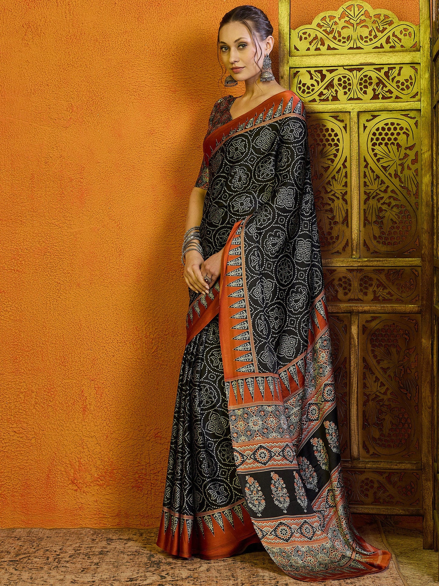 Women's Satin Brown Printed Designer Saree With Blouse Piece
