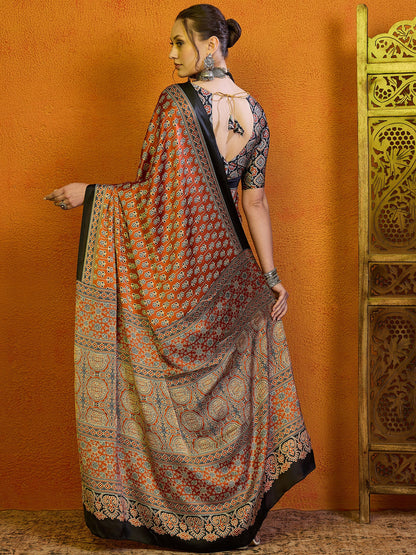 Women's Satin Navy Blue Printed Designer Saree With Blouse Piece