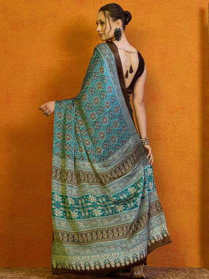 Women's Satin Blue Printed Designer Saree With Blouse Piece