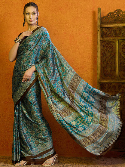 Women's Satin Blue Printed Designer Saree With Blouse Piece