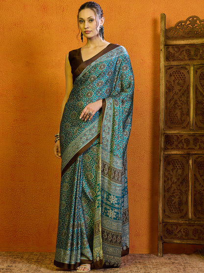 Women's Satin Blue Printed Designer Saree With Blouse Piece