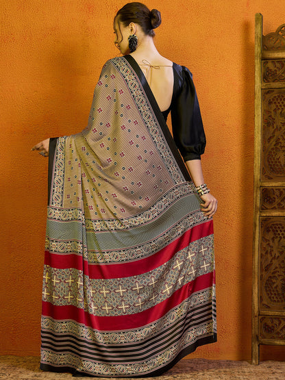 Women's Satin Magenta Printed Designer Saree With Blouse Piece