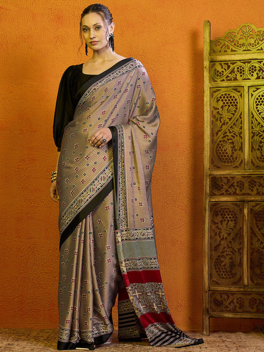 Women's Satin Magenta Printed Designer Saree With Blouse Piece