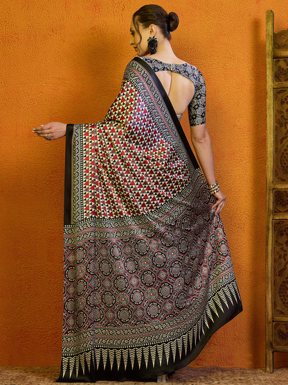 Women's Satin Red Printed Designer Saree With Blouse Piece
