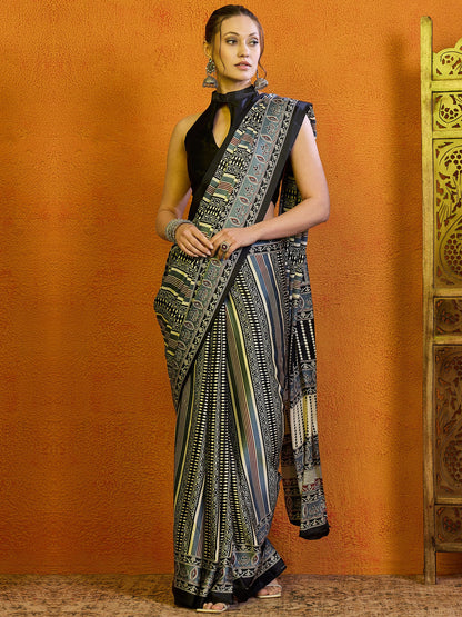Women's Satin Grey Printed Designer Saree With Blouse Piece