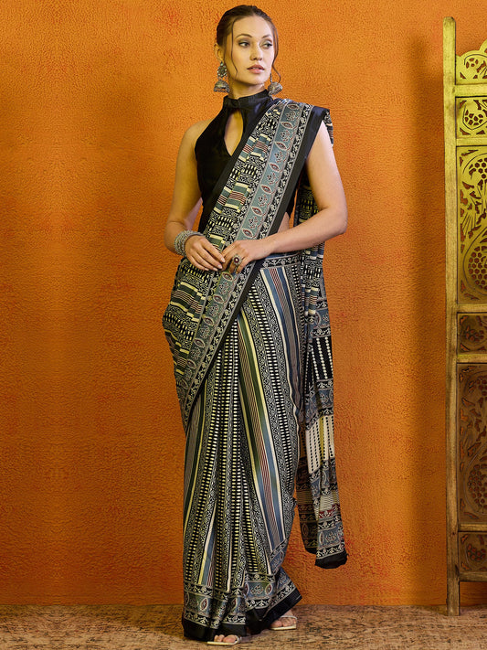 Women's Satin Grey Printed Designer Saree With Blouse Piece