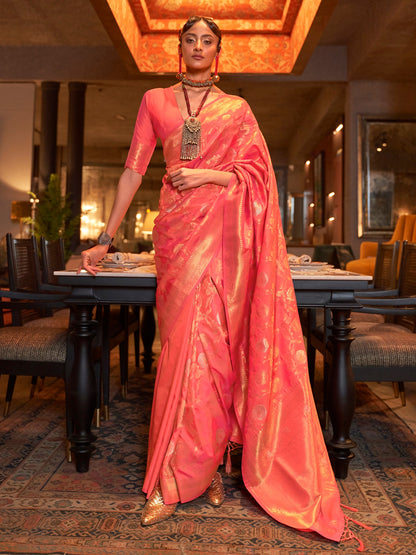 Women's Silk Blend Peach Woven Design Handloom Saree With Blouse Piece