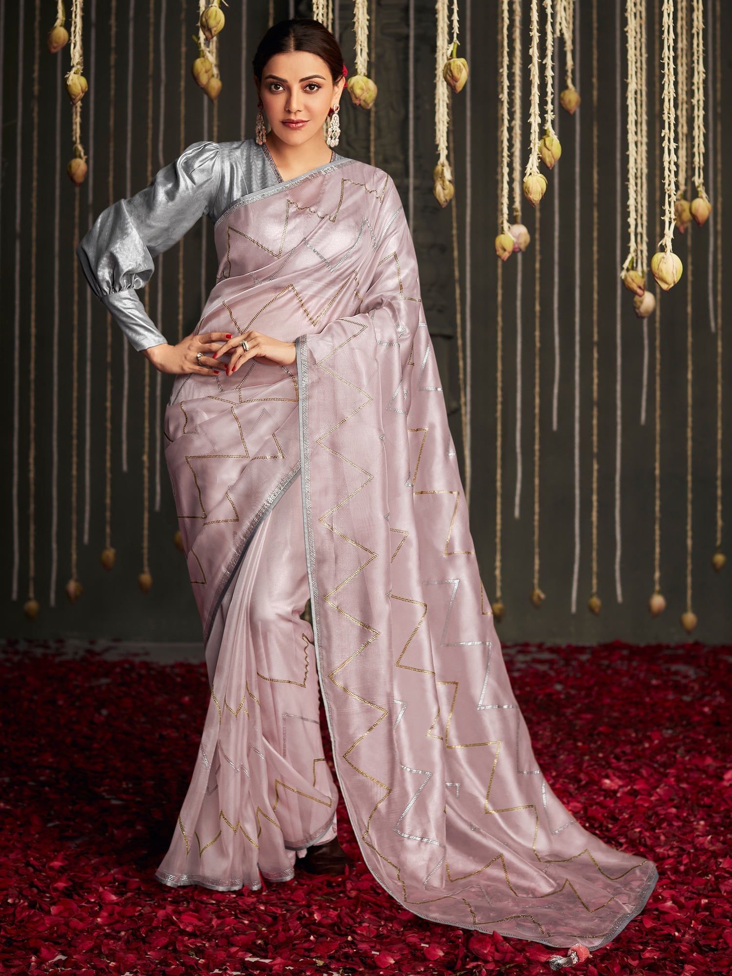 Women's Silk Blend Rose Gold Embellished Designer Saree With Blouse Piece