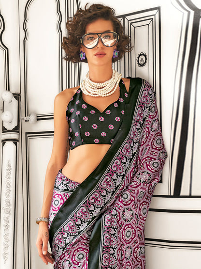Women's Crepe Magenta Printed Designer Saree With Blouse Piece