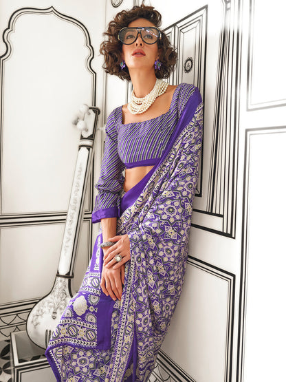 Women's Crepe Purple Printed Designer Saree With Blouse Piece