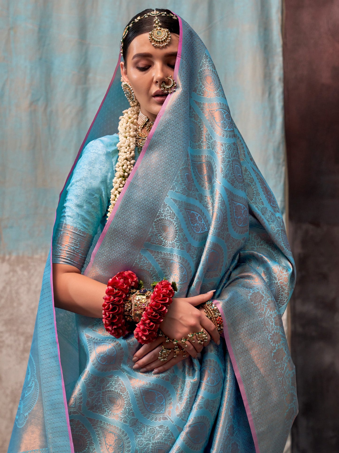 Women's Silk Blend Light Blue Woven Design Designer Saree With Blouse Piece