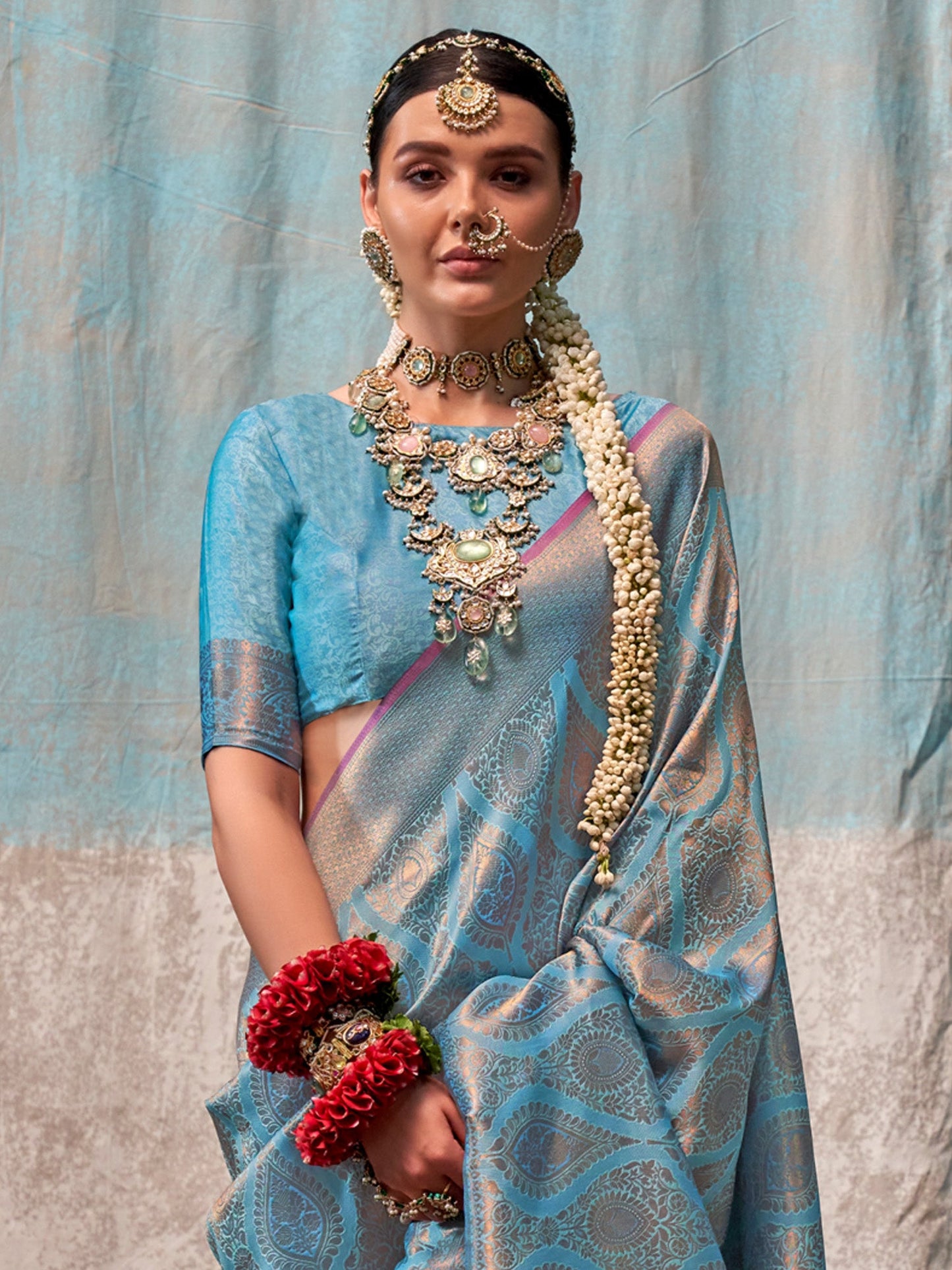 Women's Silk Blend Light Blue Woven Design Designer Saree With Blouse Piece