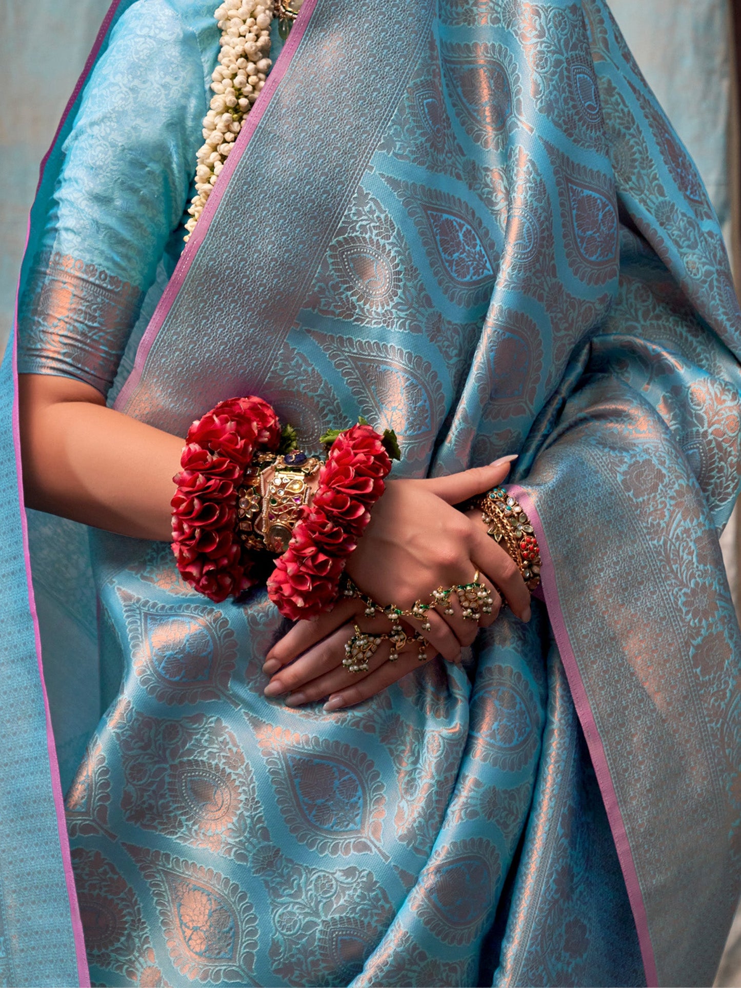Women's Silk Blend Light Blue Woven Design Designer Saree With Blouse Piece