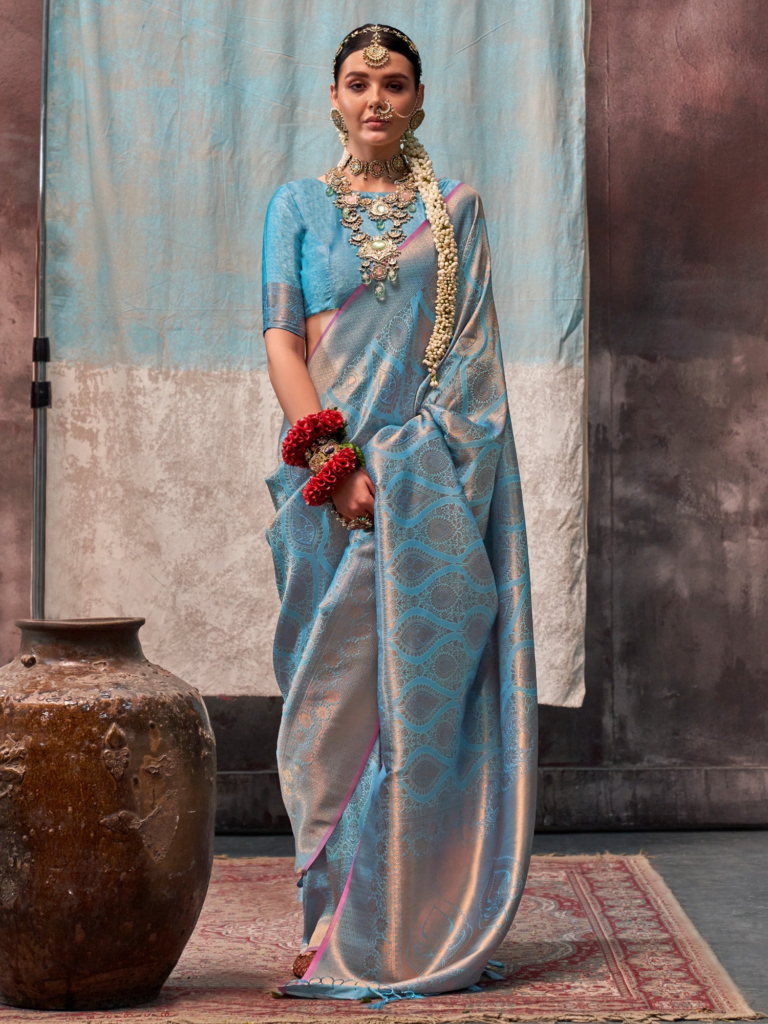 Women's Silk Blend Light Blue Woven Design Designer Saree With Blouse Piece