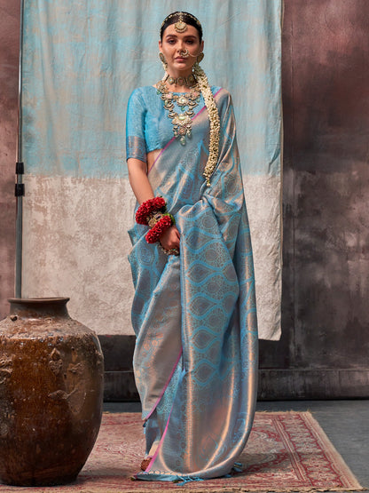 Women's Silk Blend Light Blue Woven Design Designer Saree With Blouse Piece