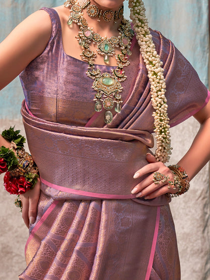 Women's Silk Blend Mauve Woven Design Designer Saree With Blouse Piece