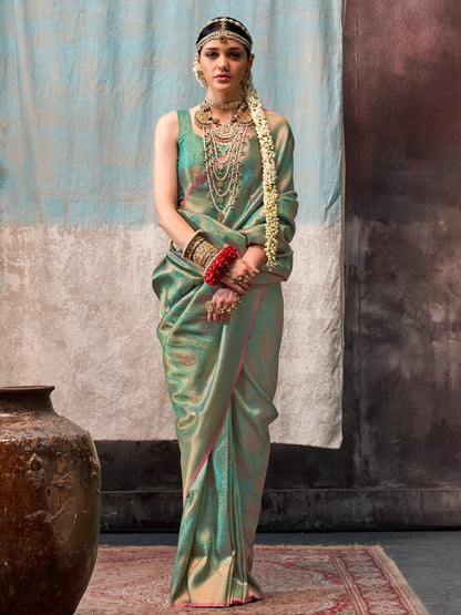 Women's Silk Blend Sea Green Woven Design Designer Saree With Blouse Piece