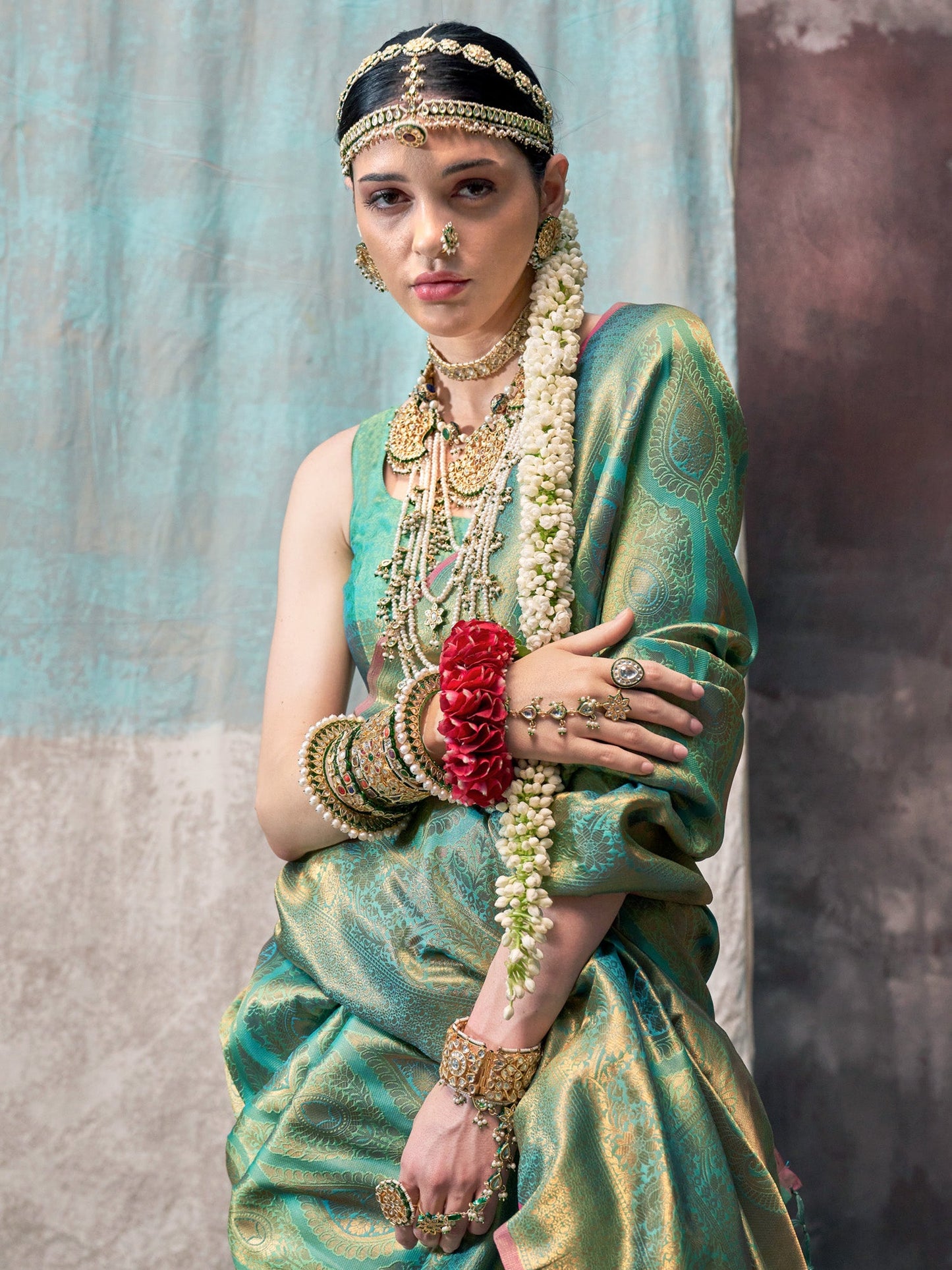 Women's Silk Blend Sea Green Woven Design Designer Saree With Blouse Piece