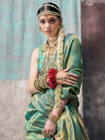Women's Silk Blend Sea Green Woven Design Designer Saree With Blouse Piece