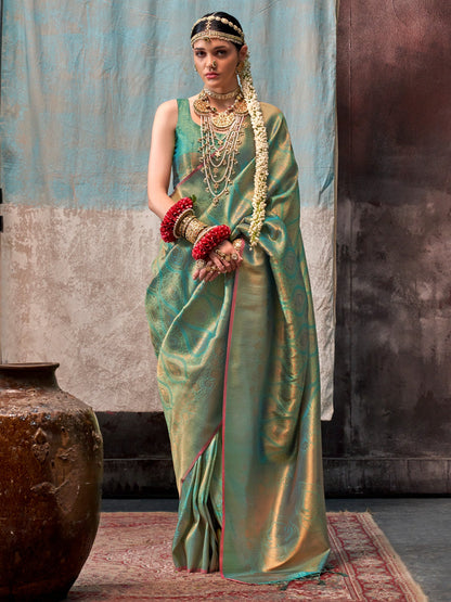 Women's Silk Blend Sea Green Woven Design Designer Saree With Blouse Piece