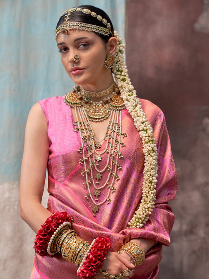 Women's Silk Blend Pink Woven Design Designer Saree With Blouse Piece