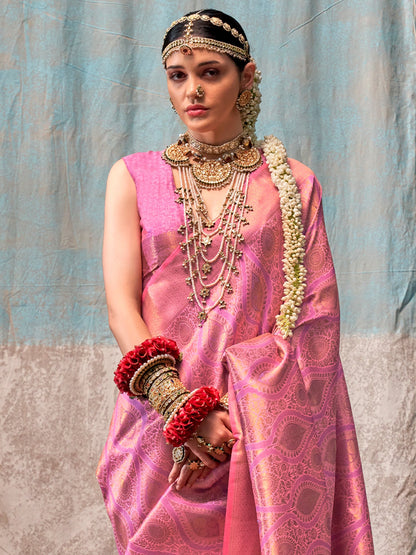 Women's Silk Blend Pink Woven Design Designer Saree With Blouse Piece