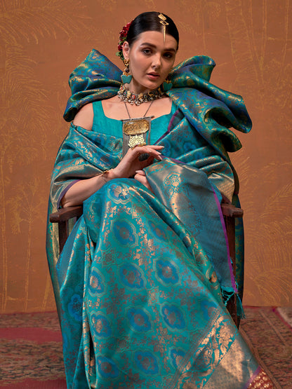 Women's Silk Blend Teal blue Woven Design Designer Saree With Blouse Piece