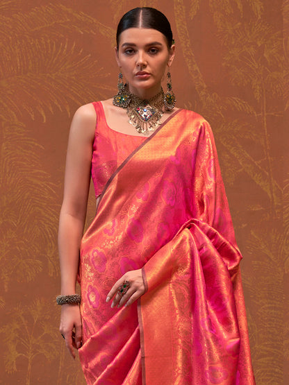 Women's Silk Blend Orange Woven Design Designer Saree With Blouse Piece
