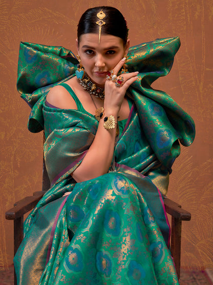 Women's Silk Blend Teal green Woven Design Designer Saree With Blouse Piece