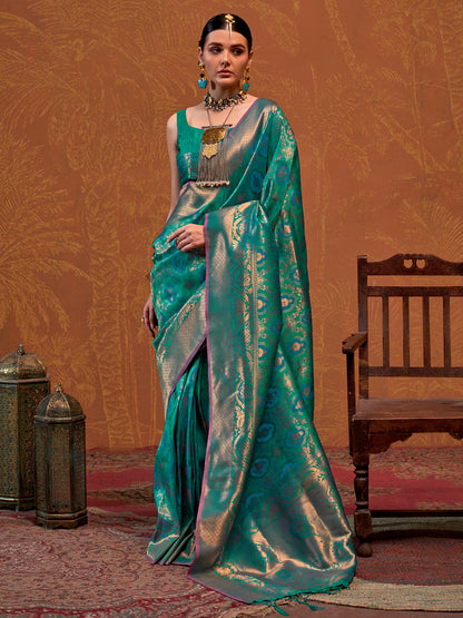Women's Silk Blend Teal green Woven Design Designer Saree With Blouse Piece