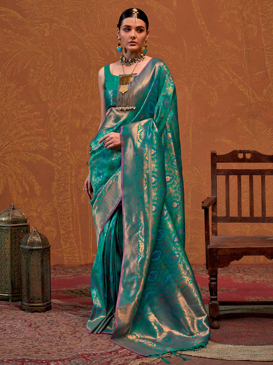 Women's Silk Blend Teal green Woven Design Designer Saree With Blouse Piece