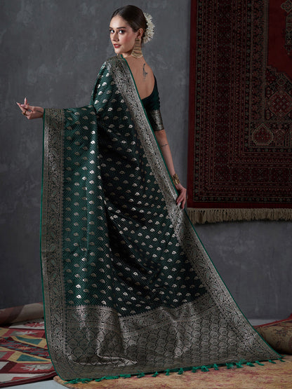 Women's Satin Silk Green Woven Design Designer Saree With Blouse Piece