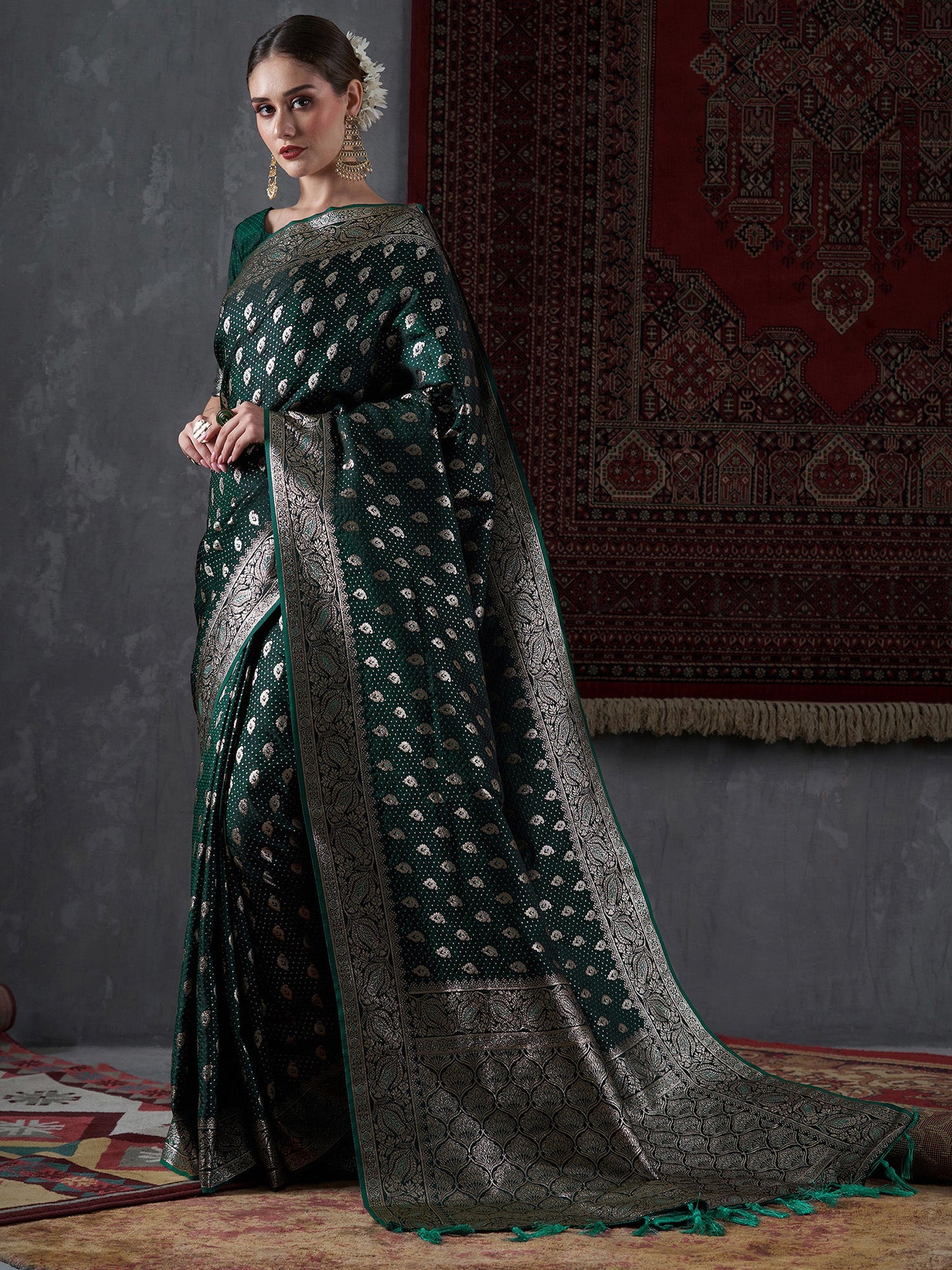Women's Satin Silk Green Woven Design Designer Saree With Blouse Piece