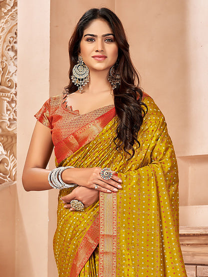 Women's Vichitra Silk Olive Embellished Designer Saree With Blouse Piece