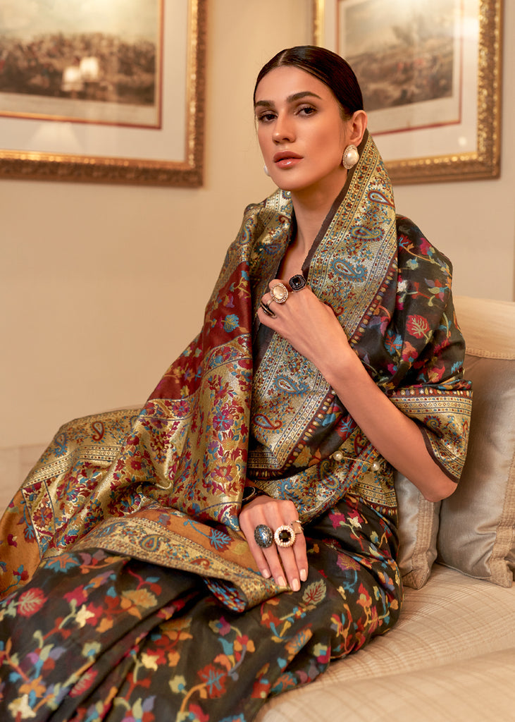 Dhiyona GR Women's Kalista Desire Black Woven Jamewar Kashmiri Banarasi Saree