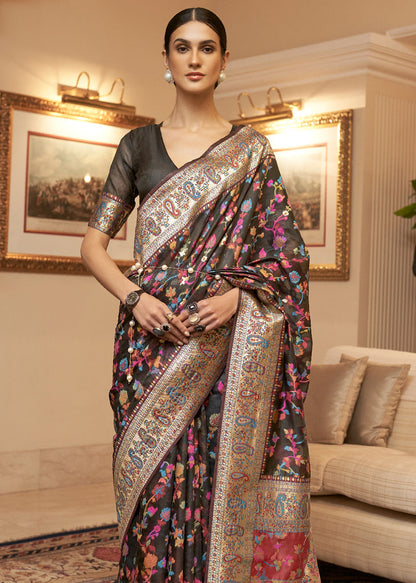 Dhiyona GR Women's Kalista Desire Black Woven Jamewar Kashmiri Banarasi Saree