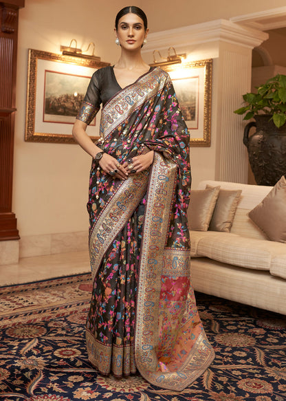 Dhiyona GR Women's Kalista Desire Black Woven Jamewar Kashmiri Banarasi Saree