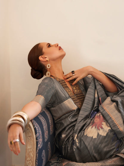 Women's Silk Blend Grey Woven Design Celebrity Saree With Blouse Piece