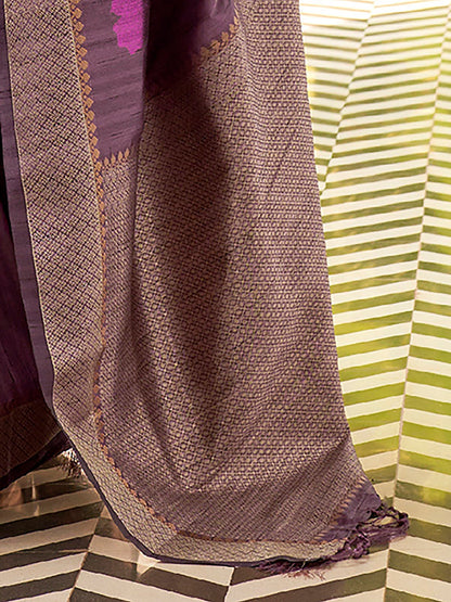 Women's Silk Blend Purple Woven Design Celebrity Saree With Blouse Piece