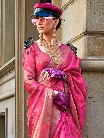 Women's Organza Pink Woven Design Designer Saree With Blouse Piece