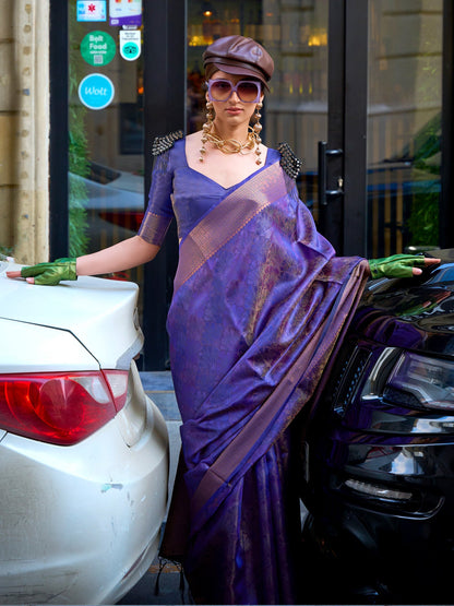 Women's Organza Lavendar Woven Design Designer Saree With Blouse Piece