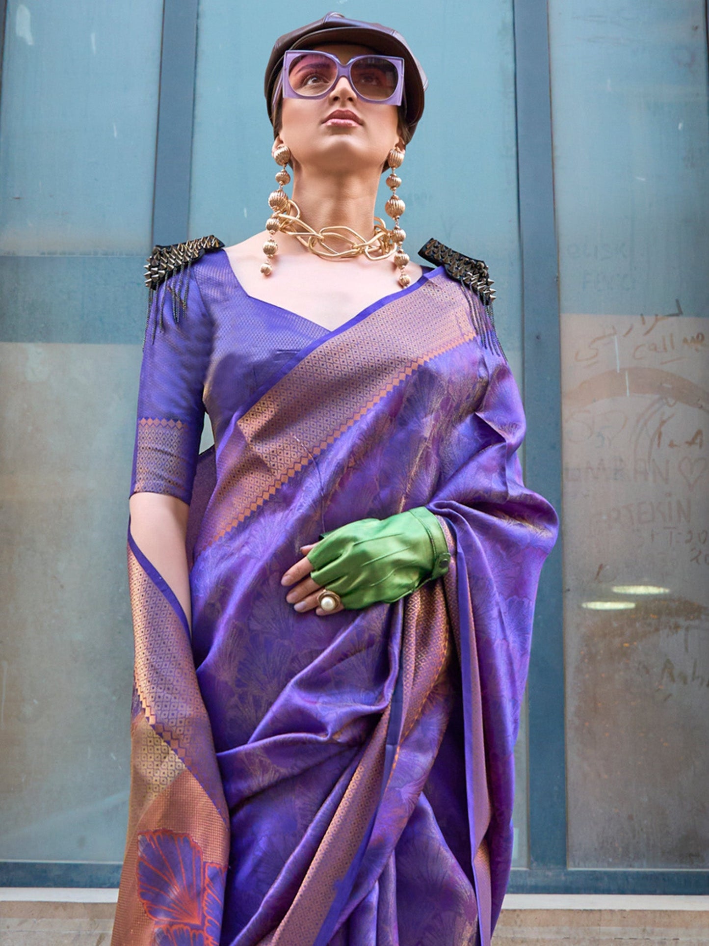 Women's Organza Lavendar Woven Design Designer Saree With Blouse Piece