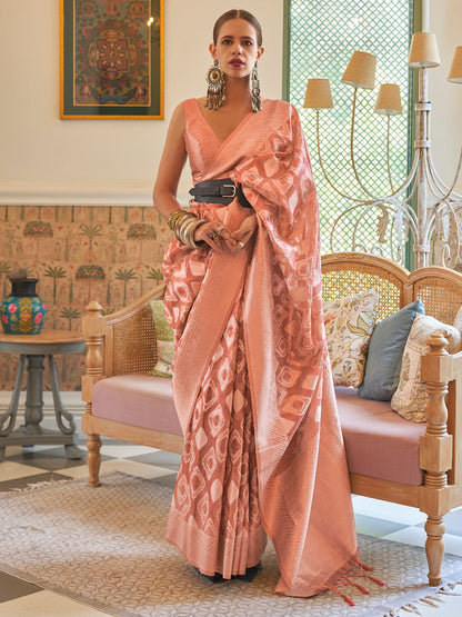 Women's Tissue Peach Woven Design Designer Saree With Blouse Piece