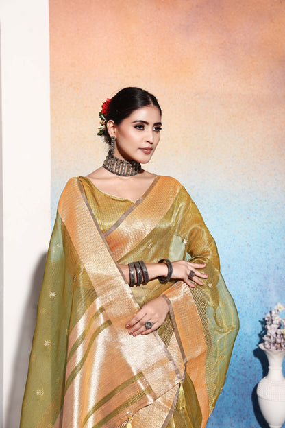 Dhiyona GR Women's Kalki Pista Green Tissue Cotton Silk Saree