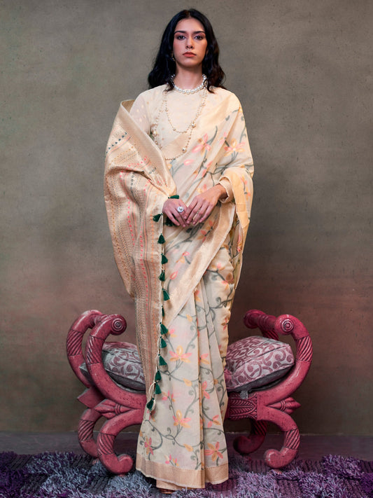Women's Silk Blend Cream Woven Design Designer Saree With Blouse Piece