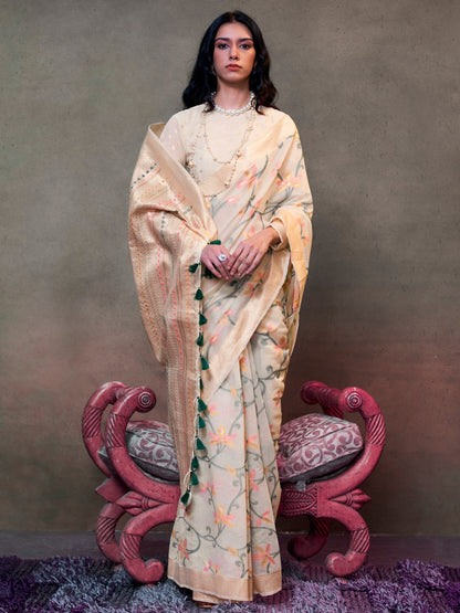 Women's Silk Blend Cream Woven Design Designer Saree With Blouse Piece